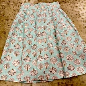 Baby Blue (Downeast Basics) Pleated Skirt. Playful Tree Motif! Lined and Full!